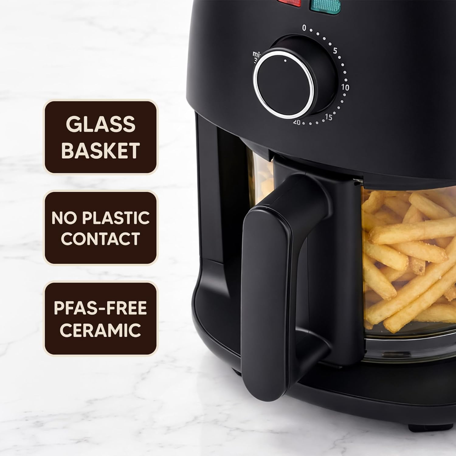 Glass Fryer 2.4 Qt Compact PFAS- Ceramic Basket Adjustable Temp 175-400F 1150W Black