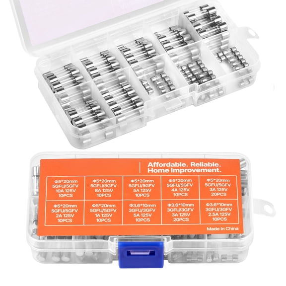 Glass Fuse Assortment Kit 120 Pcs 125V Fast-Blow Fuses 5x20mm & 3.6x10mm Sizes 1A-10A Amperage for Electronics Appliances and Electrical Panels