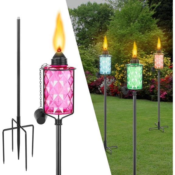 Glass Garden Torch for Outside 4 Pack, Citronella Torches with 5-Prong Grounded Stake,Colorful Outdoor Torch Garden Decor Canisters 12 oz,Metal Light Torches for Party Patio Pathway