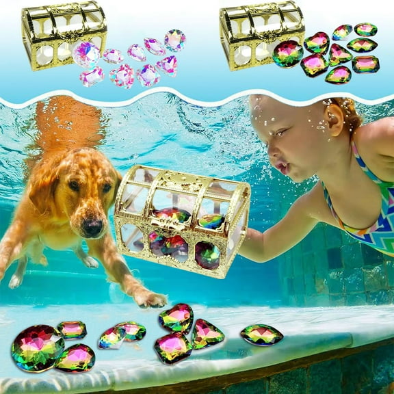 Glass Gemstones Treasure Hunt Set | 9 Multicolor Crystal Shapes & Golden Storage Chest | Pool Diving, Bath, Party Decor | Premium Non-Fade Stones for DIY , Display | 10 Piece Collection