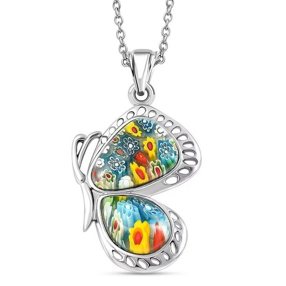 Colorful Dainty Butterfly Necklace for Women Murano Style Millefiori Glass Cute Aesthetic Beach Jewelry Friendship Women for Friend Mom 20" Birthday Christmas Gifts