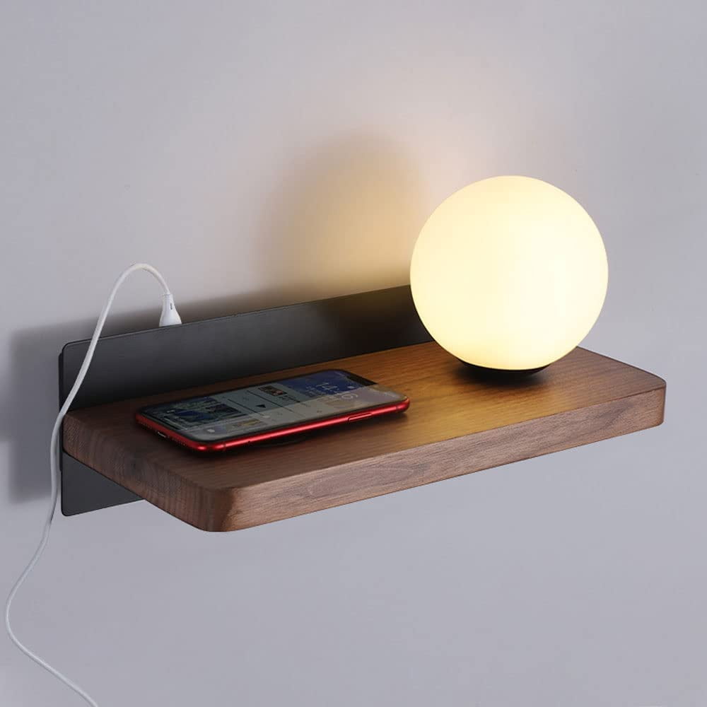 Glass Globe Wall Lamp Walnut Wall Mount Light with USB Port, Modern ...