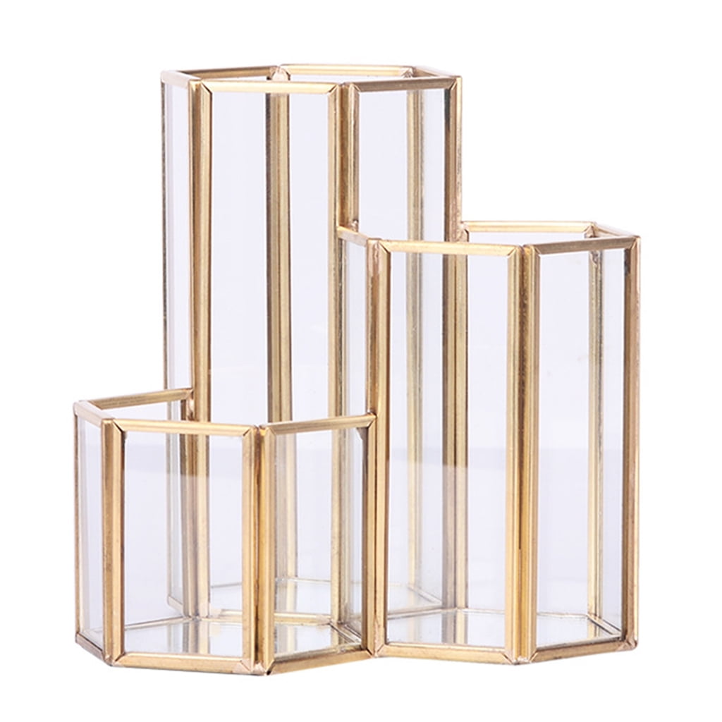 Glass Gold Pen Holder Hexagon Shaped for Desk Pens Rulers Makeup Brush Storage Gilde Multifunctional Combination for Case Container