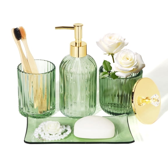 Glass Green Bathroom Accessory Set 4-Piece with Lotion Dispenser, Toothbrush Holder, Vanity Tray and Jar
