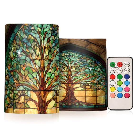 Glass Green Tree Of Life Flickering Flameless Candles Battery Operated with Remote Timer LED Pillar Candles Set of 2