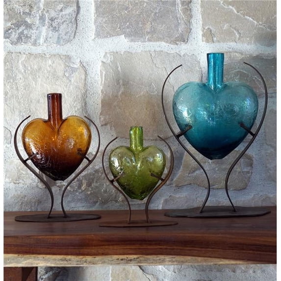 Glass Heart on Modern Iron Heart Vase, Lime Crackled - Medium