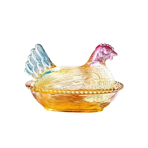 Glass Hen on Nest Candy Dish with Lid, Rooster Kitchen Decor Unique Pedestal Candy Bowl for Snacks, Desserts, Cookies, Home Kitchen Office Tabletop Decor
