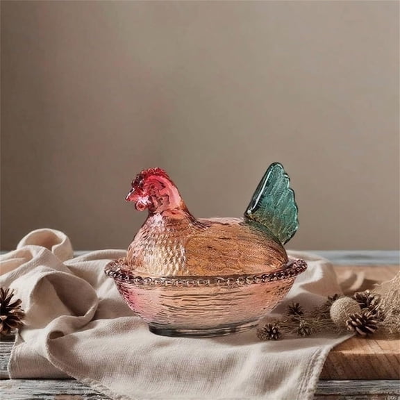 Glass Hen on Nest Dish with Lid, Large Pedestal Crystal Candy Jar Bowl for Snacks, Dessert, Creative Chicken Fruit Plate & Egg Tray Server, Unique Pastoral Tabletop Decor (F)