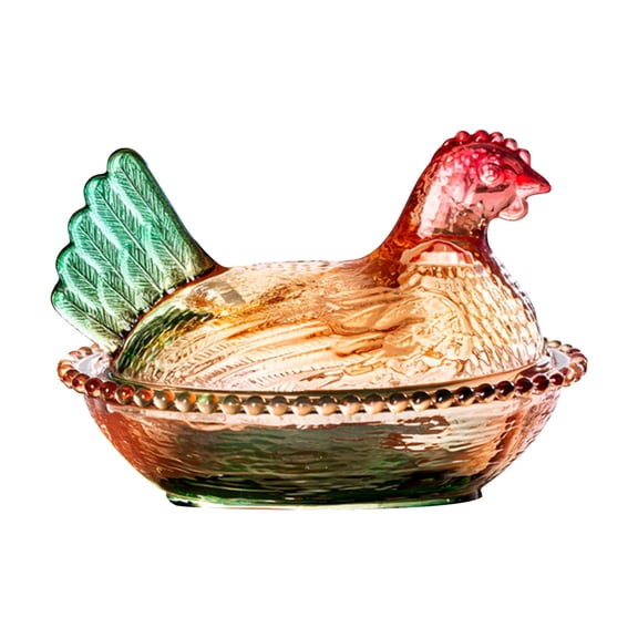 Glass Hen on Nest Candy Dish Multi Color Snacks Egg Tray