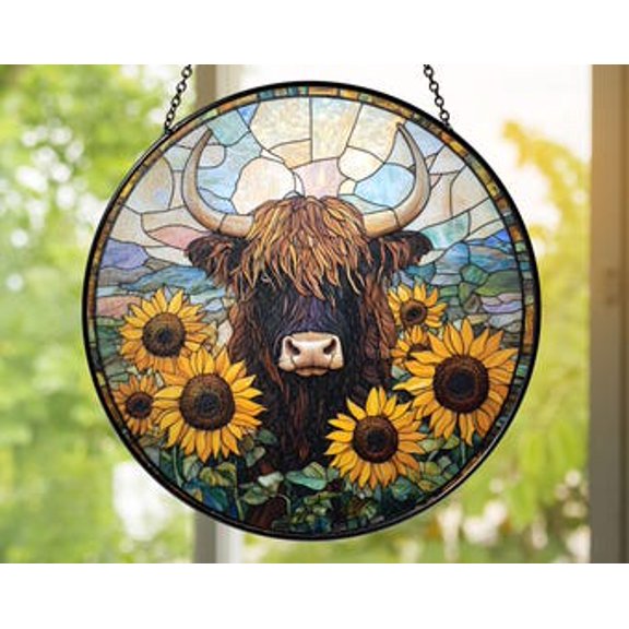 Glass Highland Cow Suncatcher with Sunflowers | Rustic Farmhouse Window Hanging | Scottish Bull Country Home Décor Gift, 7.9 in