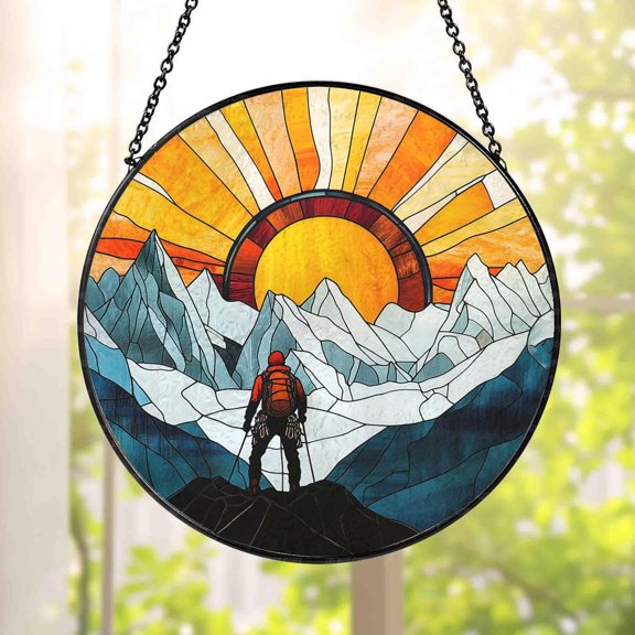 Glass Hiking Suncatcher, Hiking Mountains Windows Hanging, Hiking Light Catcher, Adventure Wanderlust Glass Art Decor Td-0515-5Lwl, Suncatcher Window Hanging, 7.9 in