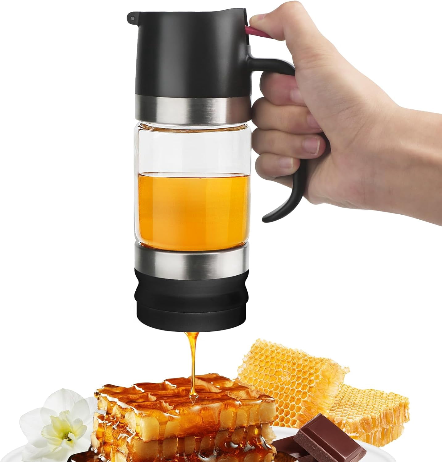 Glass Honey Dispenser,10 OZ Pot with Handle,No Drip Container Jar,Maple Syrup Dispenser,Ideal for and Syrup,Black base