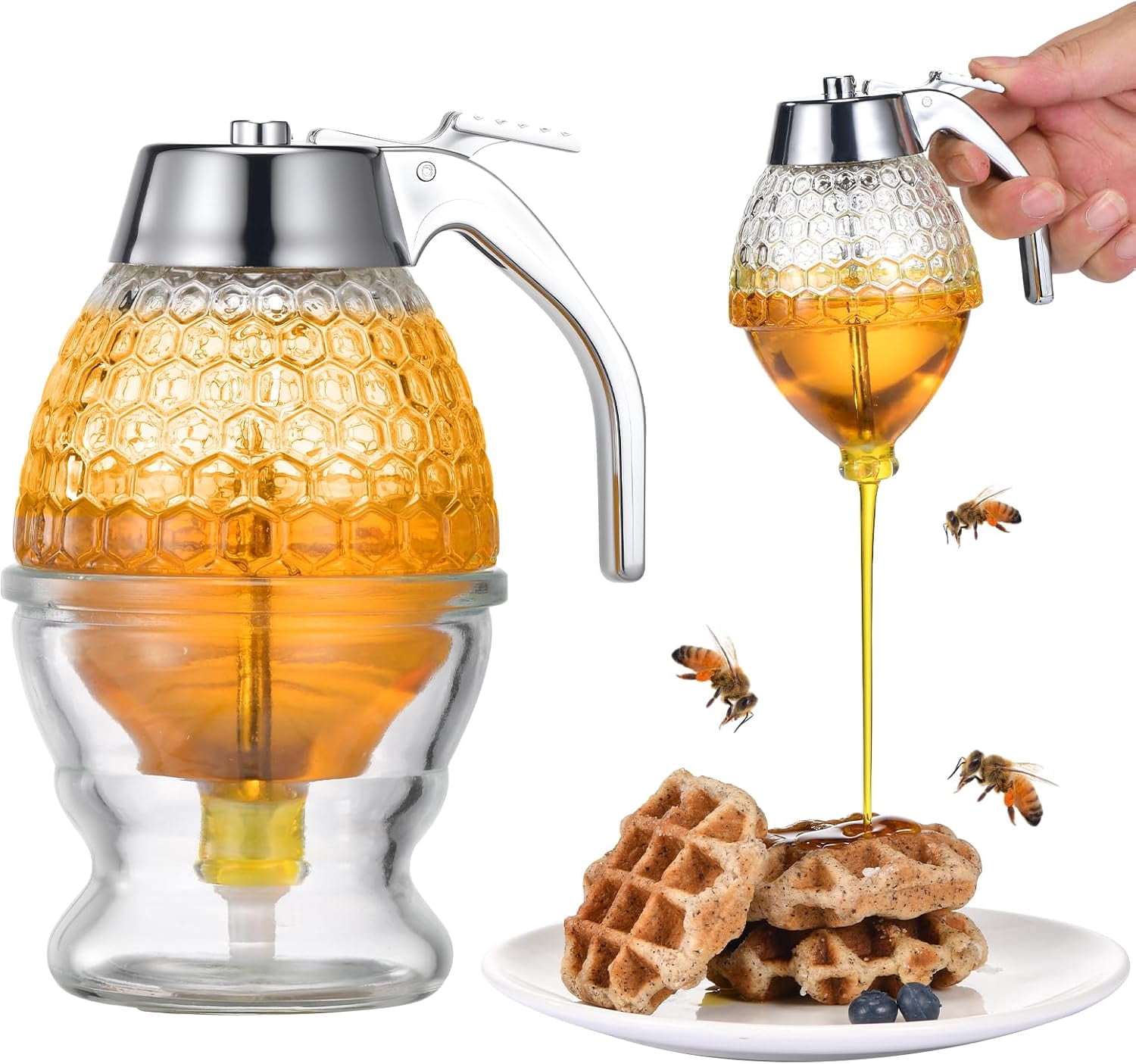 Glass Honey Dispenser 8 Ounces - Drip-Free Jar With Stand, Kitchen Leak-Proof Syrup Dispenser, Elegant Honeycomb Design For Storing Honey, Maple And Coffee