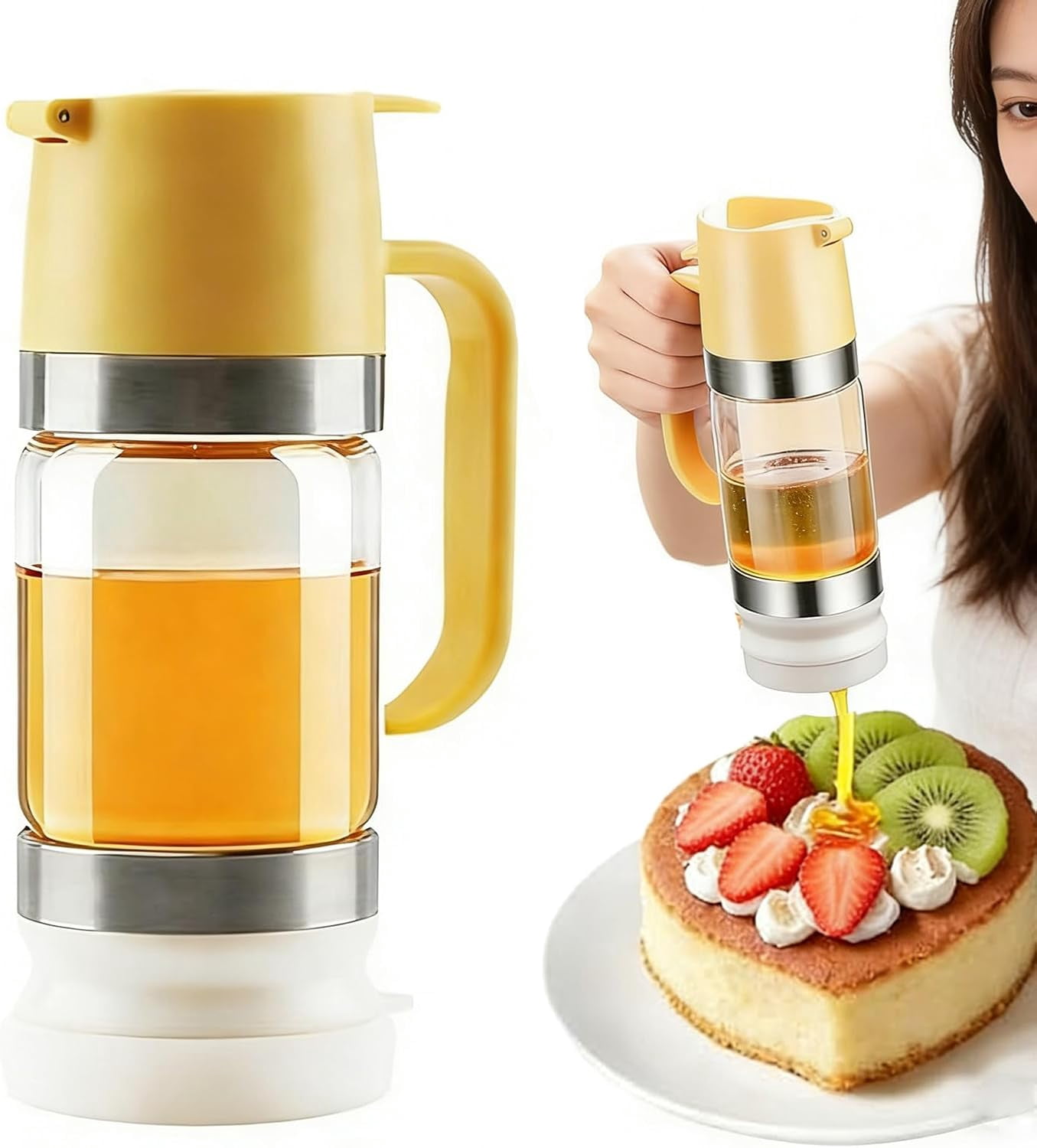Glass Honey Dispenser, Honey Dispenser No Drip with Base, 12 oz Mess Free No Drip Honey Dispensers, Pressure Design for Quantitative Honey Extraction with Handle for Honey, Maple Syrup (B)