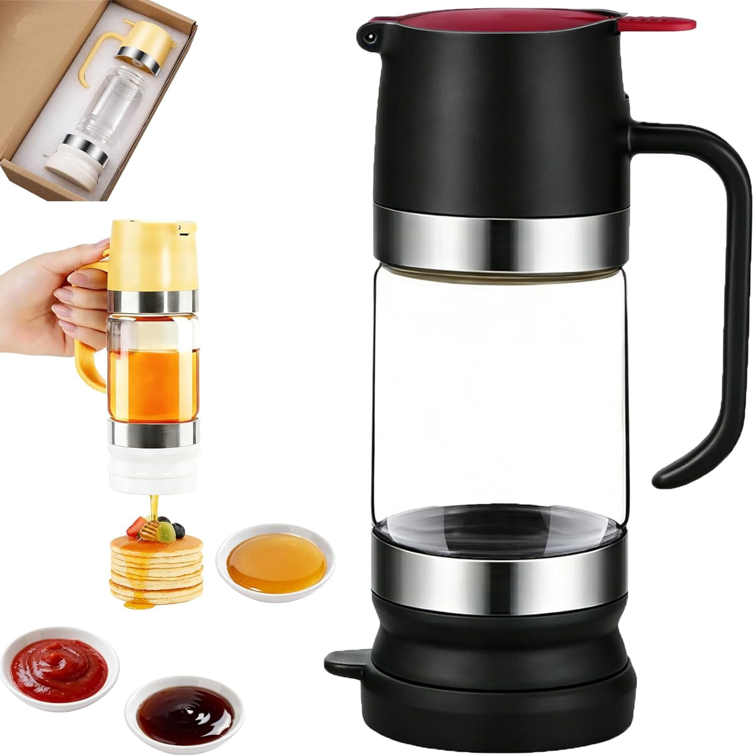 Glass Honey Dispenser, Honey Dispenser No-Drip, Pneumatic Squeeze Bottle with Handle & Silicone Base, Bottom Outlet Removable Easy Cleaning for Honeys, Syrup (Black-Upgrade)