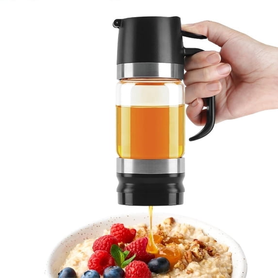 Glass Honey Dispenser No Drip with Base, 10oz Honey Pot Honey Jar Container with Handle, Maple Syrup Dispenser for Honey and Syrup