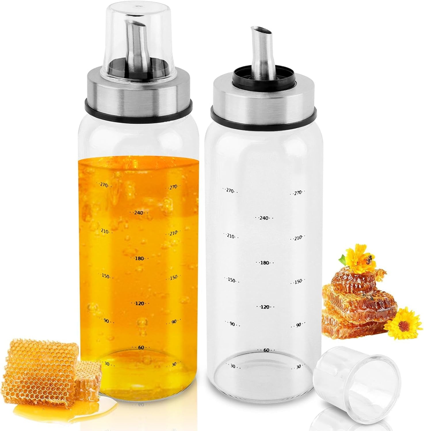 Glass Honey Dispenser Pot 10oz, Honey-Dispenser No Drip, Maple Syrup with Pour Spout and Cup, Container(COLOR:2clear)