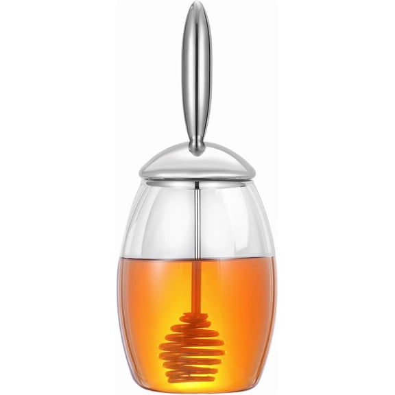 Glass Honey Dispenser with Stainless Steel Dipper - [Capacity in 10 oz] Honey Pot Jar with Integrated Lid - No Drip Syrup Container for Kitchen, Pancakes, Tea & Breakfast - Clear