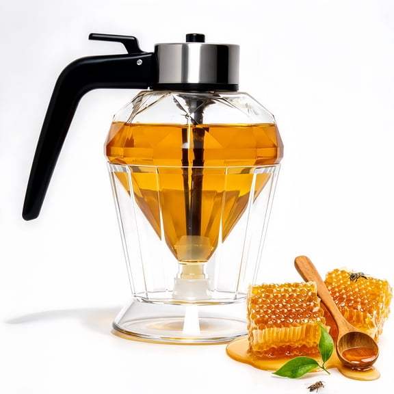Glass Honey Dispenser with Stand, No‑Drip Syrup Container, Push‑Type Honey Jar with Handle, Clear 200ml Honey Pot for Kitchen Countertop, Syrup Sauce Storage Bottle
