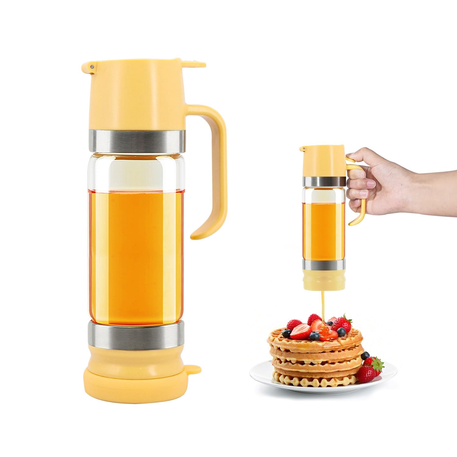 Glass Honey Dispenser with Handle, Syrup Dispenser Jar for Honey Maple Syrup and Coffee, Easy Pour Kitchen Container for Pancakes and Waffles.(12 oz)