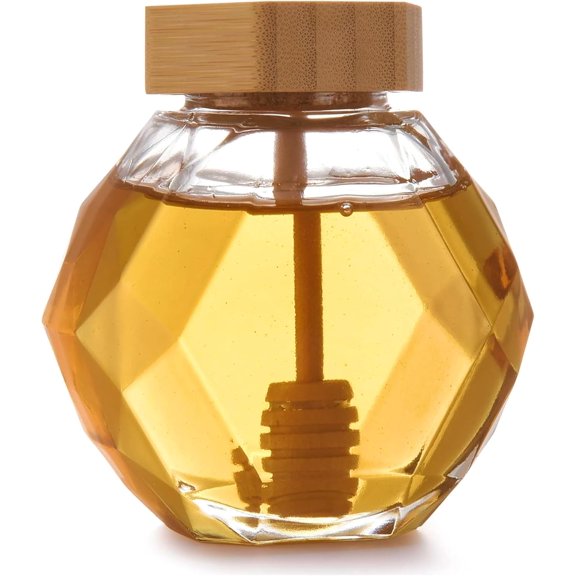 Glass Honey Jar Container - Small Honey Pot with Dipper Set Dispenser - Premium Glass honey decanter glass with Wooden Spiral Drip Dipper and Lid - Bee Honey Stainer Pots Storage Dish