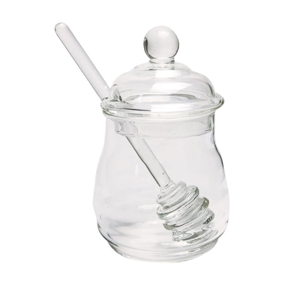 Glass Honey Jar with Wooden Dipper Spoon, Kitchen Syrup Dispenser Bottle, Sugar Storage Container, Pantry Terrarium