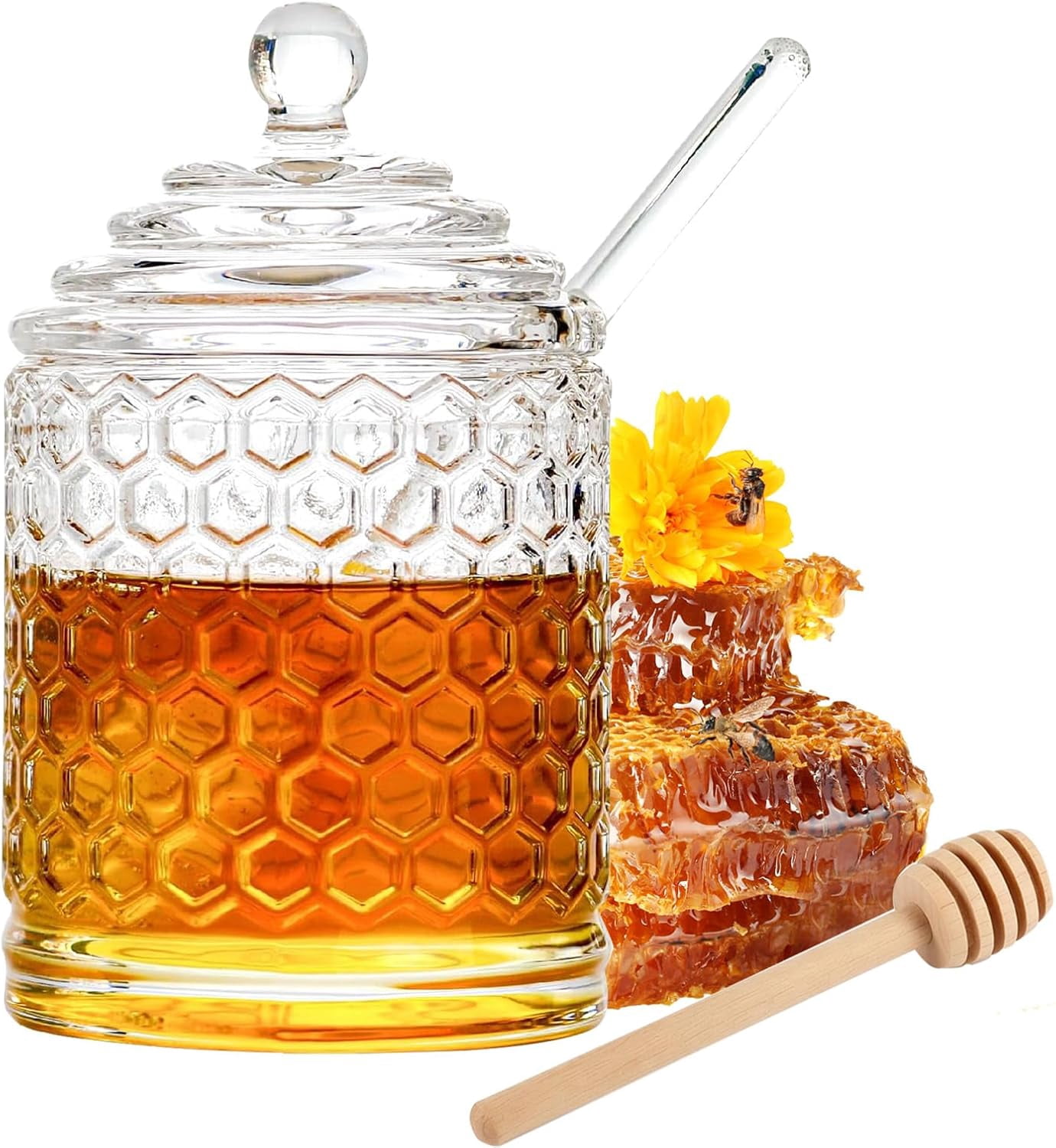 Glass Honey Jar, Pot Set with Lid and Dipper, Wide Mouth Dispenser, Syrup Container for Home Kitchen Decor, Storing (10 oz)