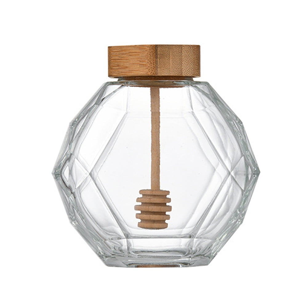 Glass Honey Jars with Dipper Hexagonal Honey Pot Jars Clear Glass Honey Dispenser Small Honey