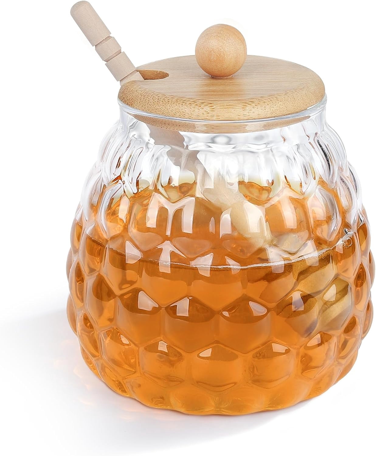 Glass Honey Jars with Dipper and Lid,18.5 oz Pot Container,Honeycomb-Style Dispenser for Syrup Maple Jam