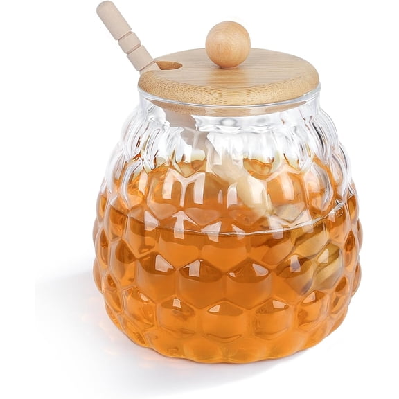 Glass Honey Jars with Dipper and Lid,18.5 oz Pot Container,Honeycomb-Style Dispenser for Syrup Maple Jam