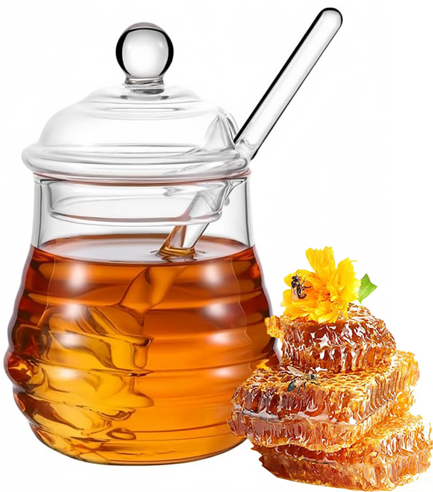 13 Oz Honey Pot Jar,Glass Honey Pot With Wooden Dipper And Cork Lid Hexagon Shape Honey Container Dispenser Storage Clear Honeypot For Home Kitchen - View #11