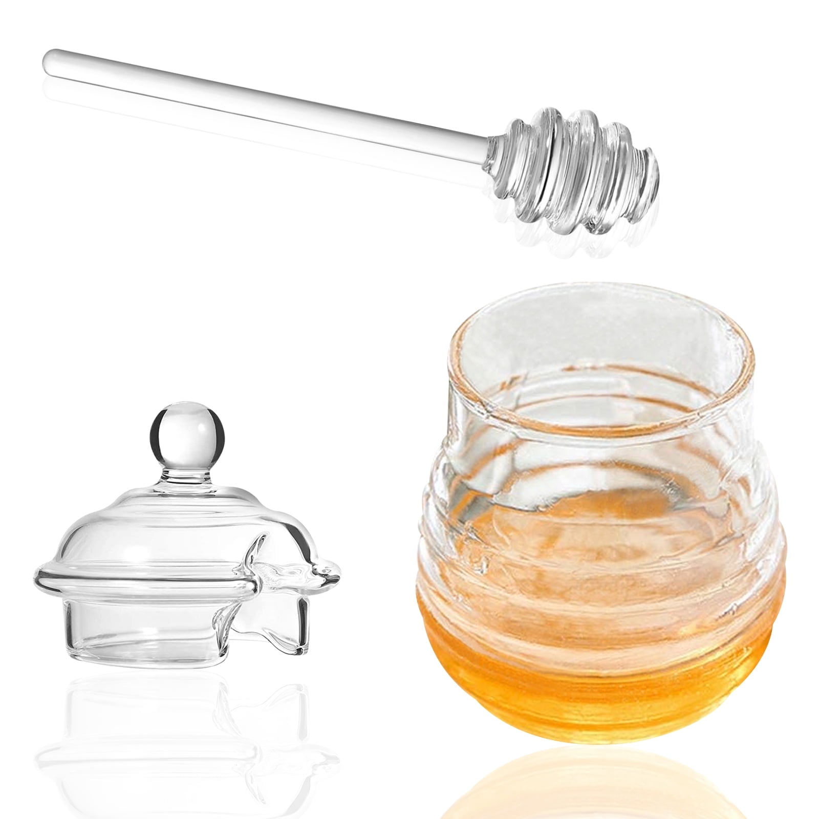 Glass Honey Pot, Clear Bee Pie Jam Jar with Lid and Dipper for Home Kitchen, Glass Beehive Honeypot Container for Store Honey and Syrup