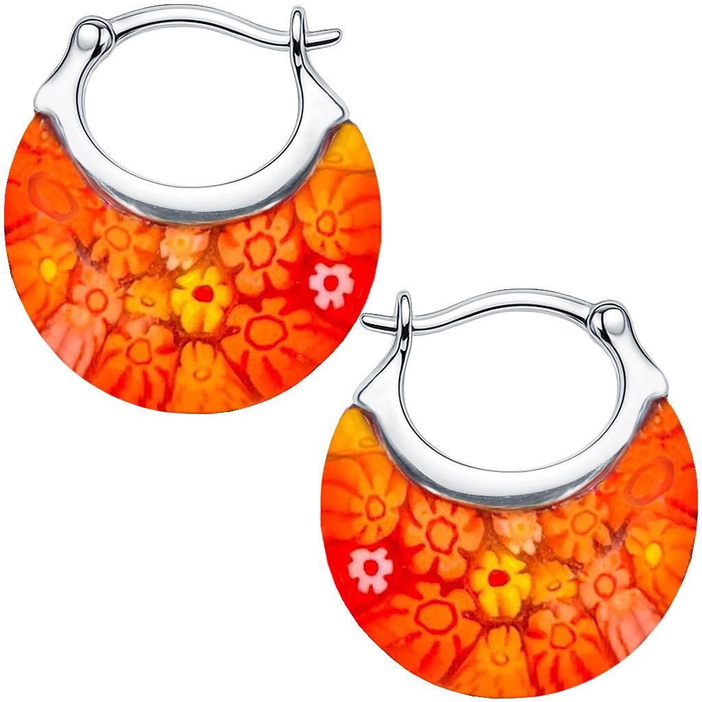 Glass Hoop Earrings for Women Dangle - Flower Fun Orange Earrings - Murano Style Jewelry Stainless steel Anniversary Birthday Christmas Gifts 11.6 Gms