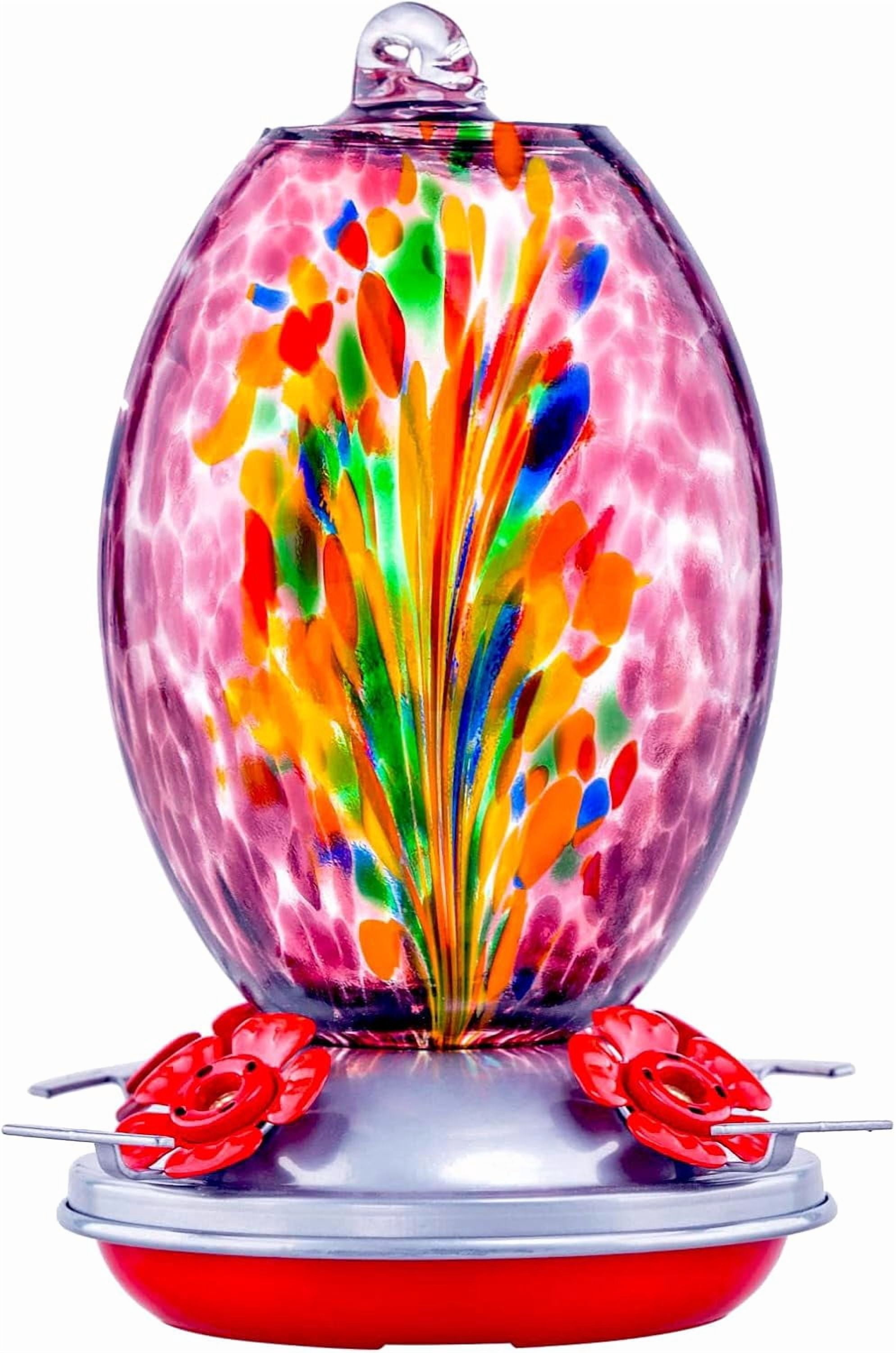 Glass Humming Bird Feeders for Outdoors - 27OZ Blown Glass Hummingbird Feeder - Unique Gift Mom Women, Outdoors Hanging Garden Decor, Includes Ant Moat & Brush, Purple Fireworks