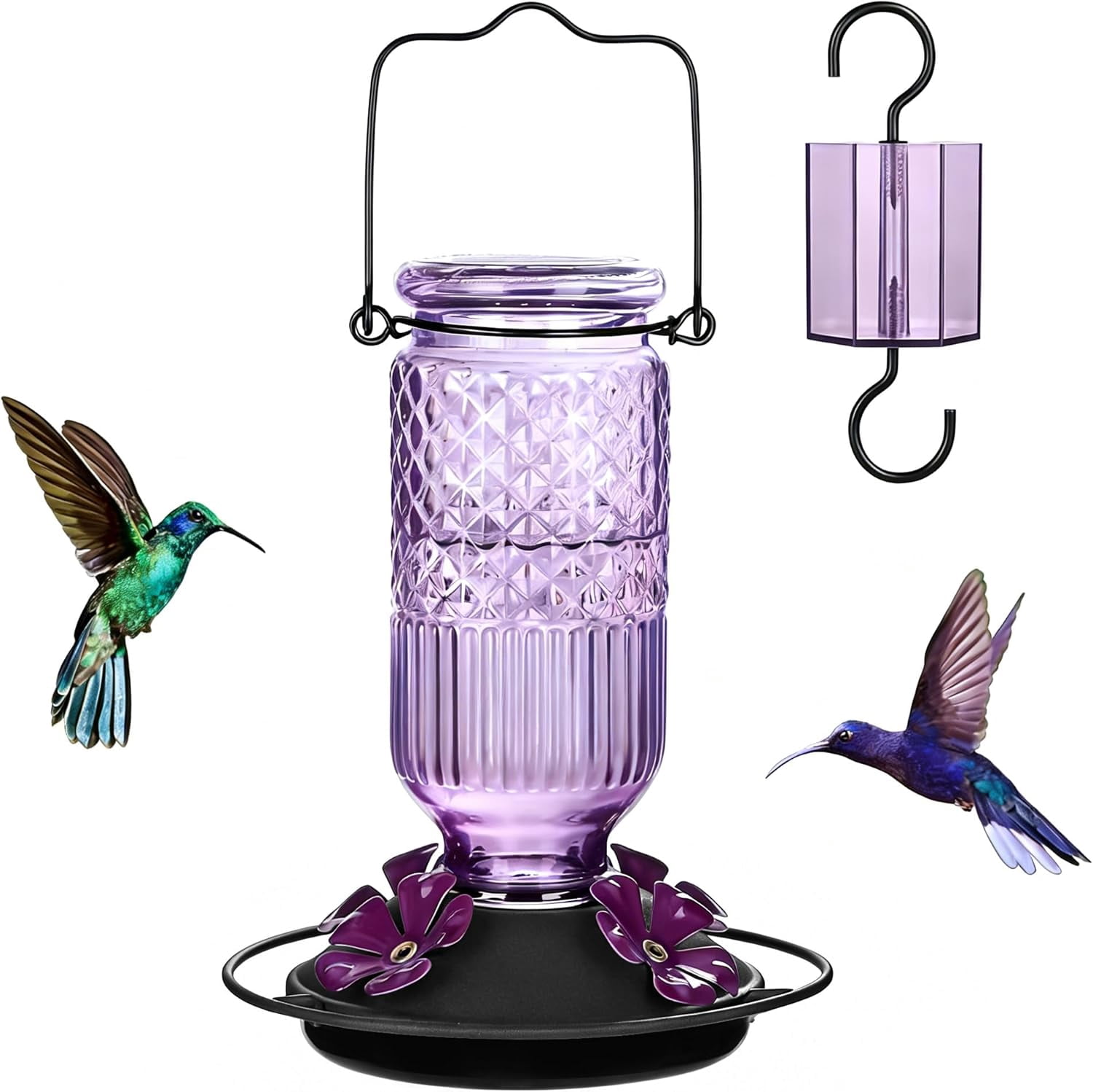 Glass Hummingbird Feeder 16 oz Hanging Outdoor Feeder with Bee-Proof Ports, Ant Moat, Leakproof, Easy to Clean & Refill, 360° Perch, Purple