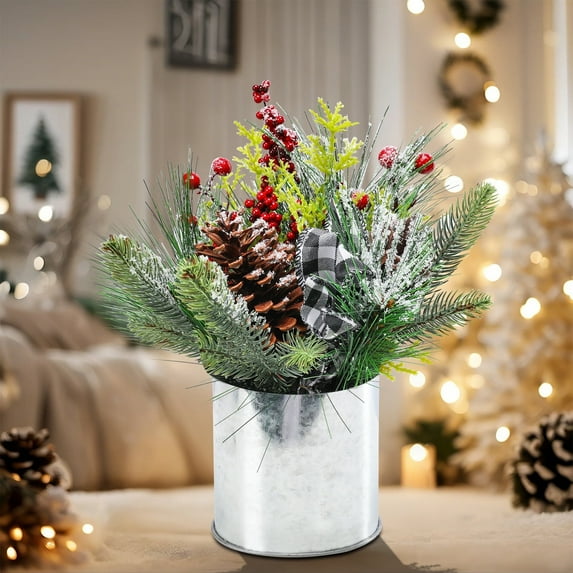 Christmas Centerpieces For Tables-Christmas Trees-Small Christmas Tree Tabletop Artificial Mini Christmas Tree Decorations with Holiday Ornaments Red Berry Pine Cone Greenery for Home Indoor Decor