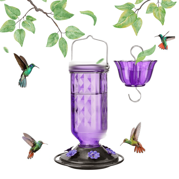 Glass Hummingbird Feeder for Outdoors Hanging, 24 OZ Humming Birds Feeders with 6 Bee Guard Feeding Ports & Built-in Ant Moat, Bird Feeder for Outside, Gifts for Women Mom,Purple