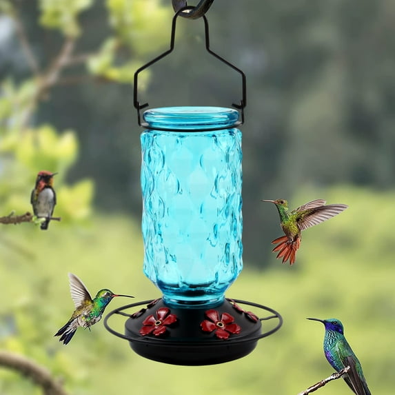 Glass Hummingbird Feeder, 5 Feeding Ports Outdoor Leak Proof Design, Wide Mouth Easy Fill and Clean, Durable Hanging Garden Decor, Bird Feeder for Backyard