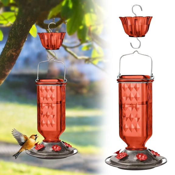 Glass Hummingbird Feeder Bird Feeder, Backyard Oasis Series, Geometric Diamond Textured Translucent Red Glass, Garden Yard Patio Outdoors Hanging, Bird Feeders For Outdoors, Red, 1PC