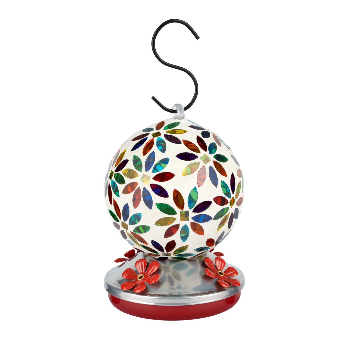Multicolor Hand-Blown Glass Hanging Hummingbird Feeder with Metal Base
