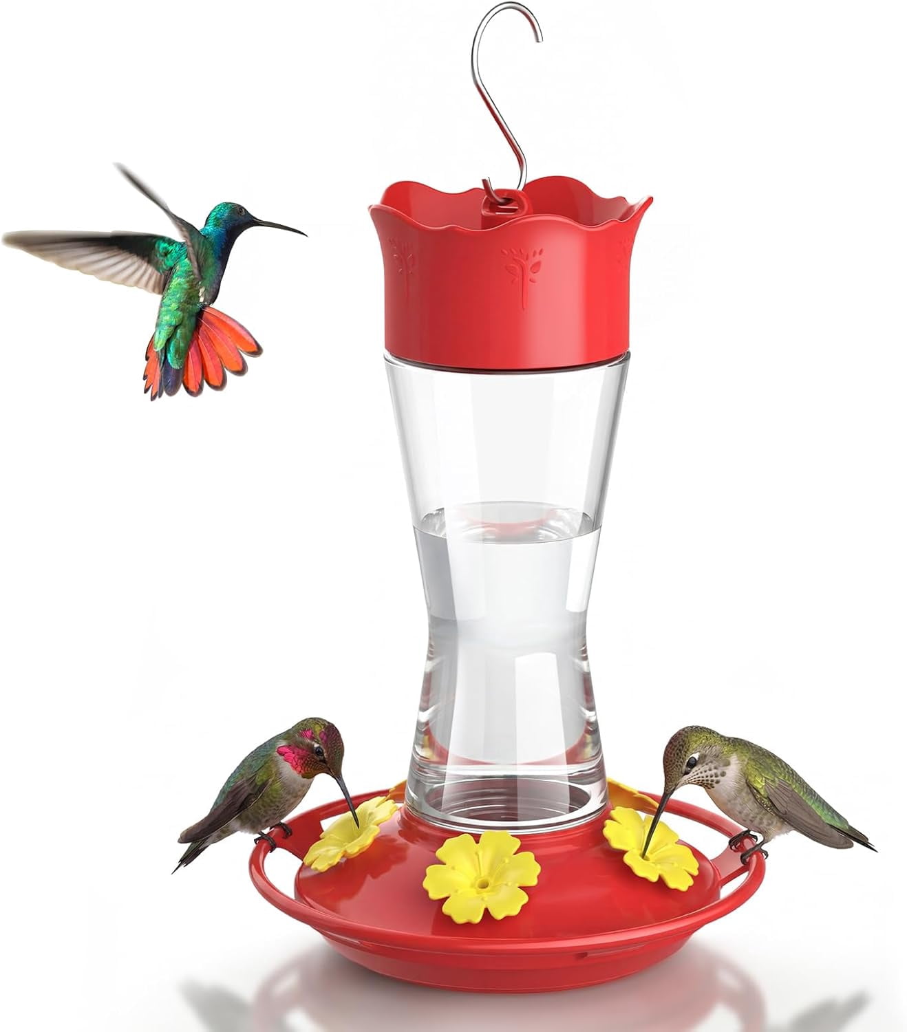 Glass Hummingbird Feeder for Outdoors Hanging, 10 oz Leak-Proof Humming Bird Feeders with Ant Moat & Bee Proof Feeding Ports, Hummingbird Gift for Bird Lovers (Clear)