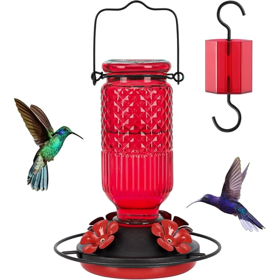 Glass Hummingbird Feeder for Outdoors Hanging, 16 OZ Humming Bird Feeders with 4 Bee Guard Feeding Ports&Built-in Ant Moat, Hummingbird Gifts for Mom Bird Feeder for Outside, Purple,1 Pack
