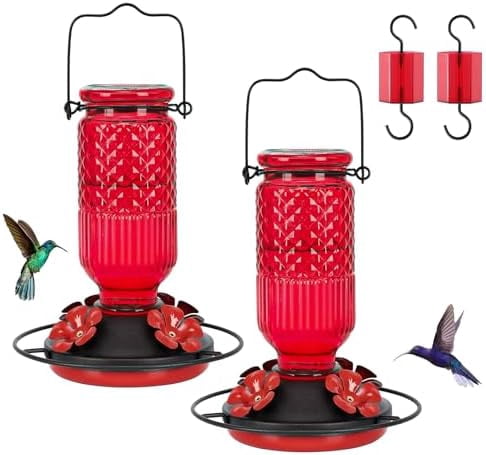 Glass Hummingbird Feeder for Outdoors Hanging, 16 OZ Humming Bird Feeders with 4 Bee Guard Feeding Ports & Built-in Ant Moat, Hummingbird Gifts for Mom Bird Feeder for Outside, Red,2 Pack