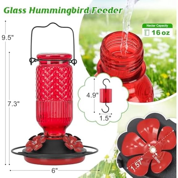 Glass Hummingbird Feeder for Outdoors Hanging, 16 OZ Humming Birds Feeders with 4 Bee Guard Feeding Ports & Built-in Ant Moat, Bird Feeder for Outside, Gifts for Women Mom, Red