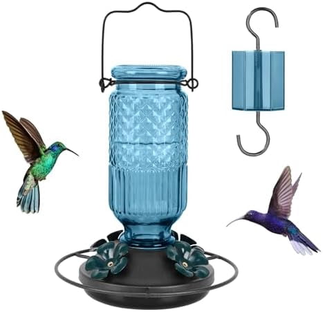 Glass Hummingbird Feeder for Outdoors Hanging, 16 OZ Humming Birds Feeders with 4 Bee Guard Feeding Ports & Built-in Ant Moat, Hummingbird Gifts for Mom, Bird Feeder for Outside, Blue