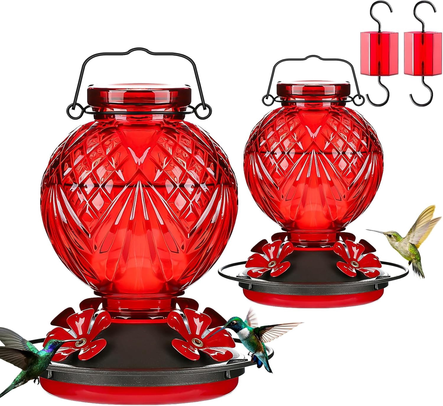 Glass Hummingbird Feeder for Outdoors Hanging, 20oz Bird Nectar Feeder with 4 Bee Guard Flower-Shaped Feeding Ports & Built-in Ant Moat, Easy to Clean, for Bird Lover,2 Pack,Red