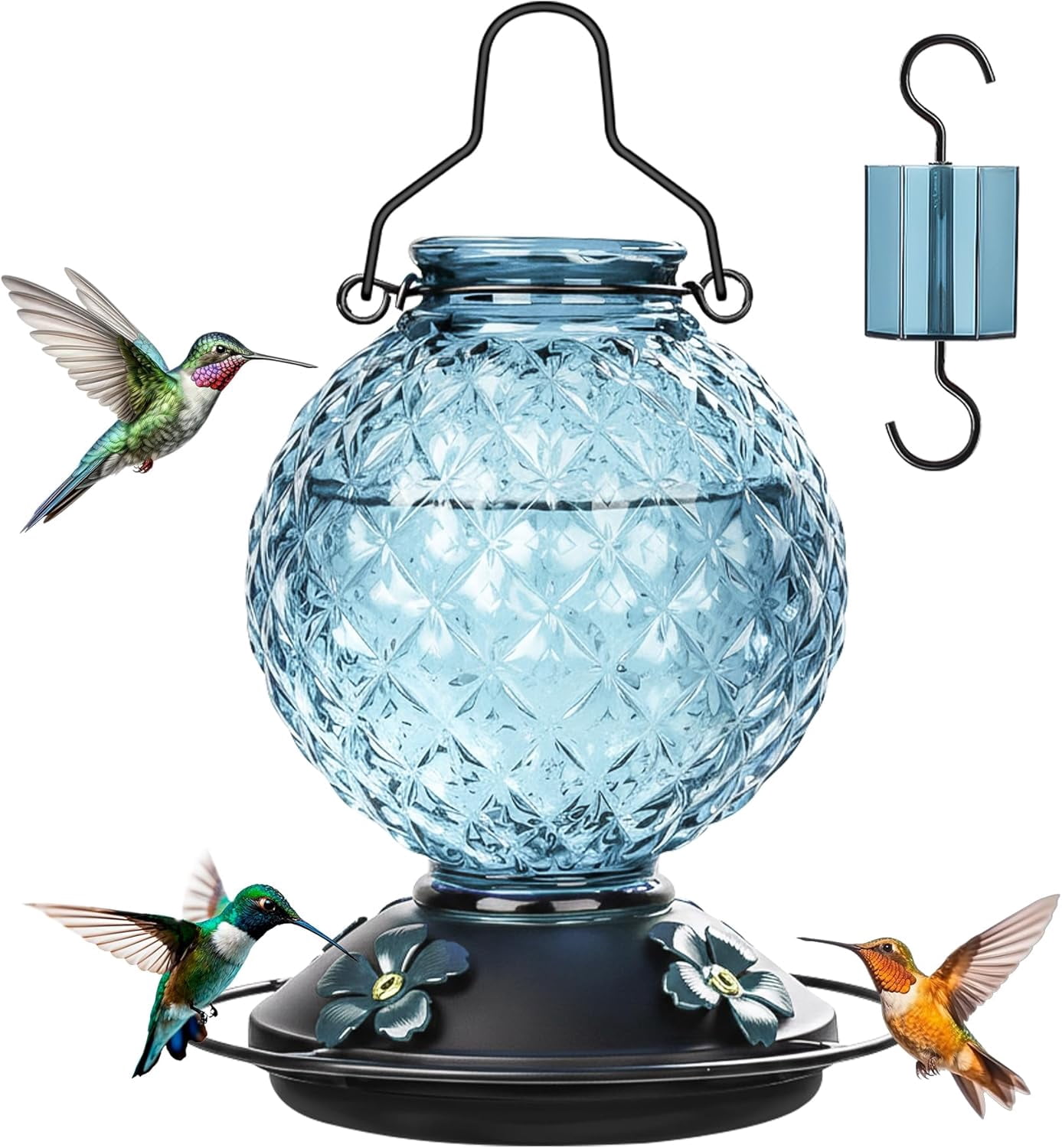 Glass Hummingbird Feeder for Outdoors Hanging, 25 OZ Humming Bird Nectar Feeder with 4 Bee Guard Feeding Ports & Built-in Ant Moat, Bird Feeder for Outside, Gifts for Women Mom, Blue
