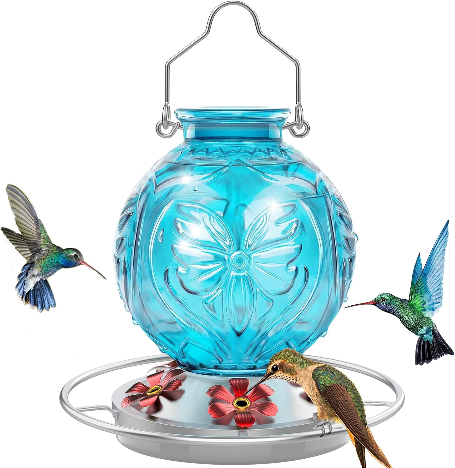 Glass Hummingbird Feeder for Outdoors Hanging, 25Oz Humming Bird Nectar Feeders with Perch & 5 Flower Feeding Ports, Leak Proof for Outside Garden Decor, Gifts for Women (Blue)