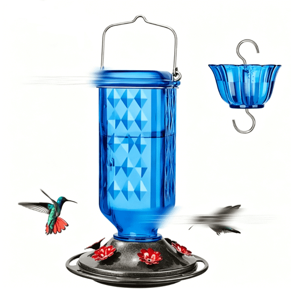 Glass Hummingbird Feeder for Garden, 24 oz Nectar Feeder, 6 Feeding Ports, Ant Moat, Leakproof, Hanging Outdoor Decoration blue
