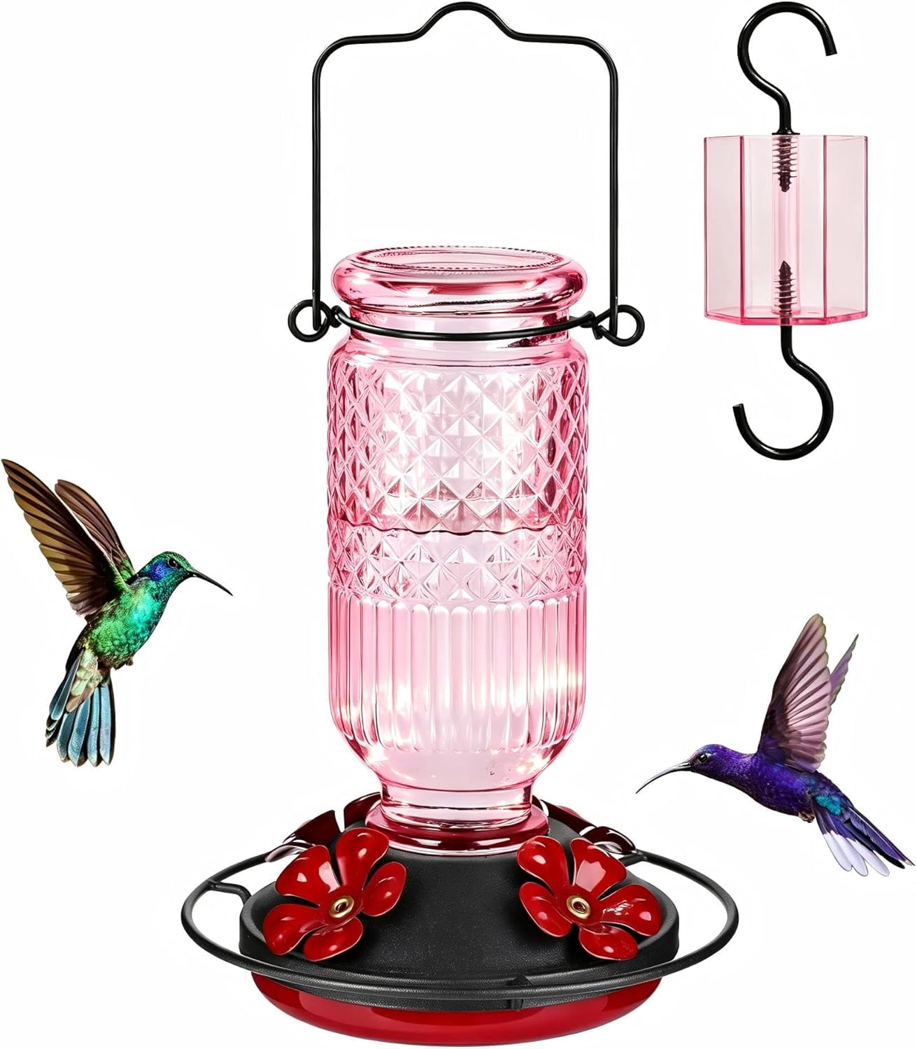 Glass Hummingbird Feeder for Outdoors, 16oz with Ant Moat, 4 Bee-Proof Ports, Leak-Proof, Easy to Clean, Pink